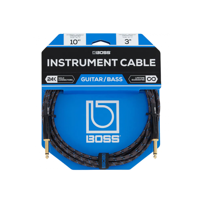 BIC-10 Cable de instrumento Boss serie GOLD longitud 10 ft./3 m plug recto 6.3mm - plug ángulo recto 6.3mm chapa de oro 24k c/re